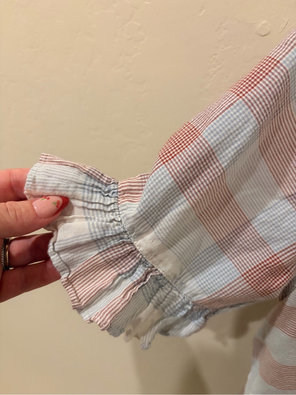 Madewell Blue and Rust Plaid Ruffle-Sleeve Blouse